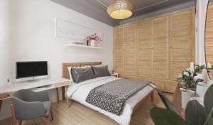 Phòng ngủ nhỏ bố trí giường cạnh bàn làm việc