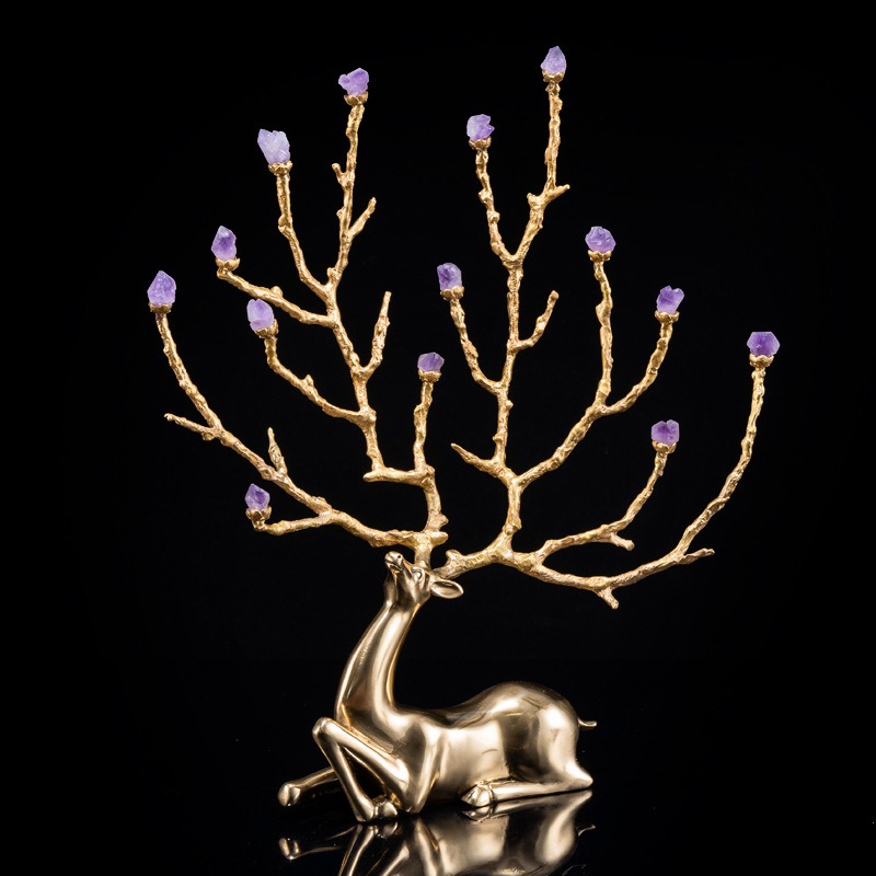 Tượng hươu đồng gắn đá thạch anh tím