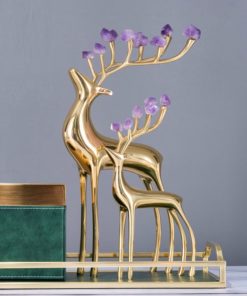 Cặp hươu tài lộc bằng đồng gắn đá thạch anh