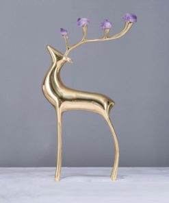 Cặp hươu tài lộc bằng đồng gắn đá thạch anh