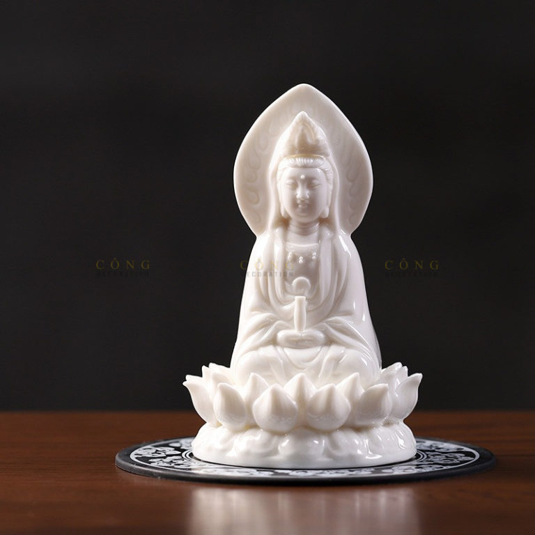 Tượng Phật Quan Âm 2 Mặt Để Xe Ô Tô Màu Trắng