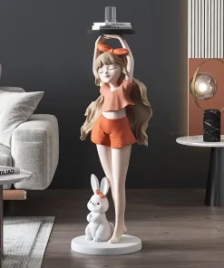 Tượng cô gái thỏ bưng khay decor phòng khách