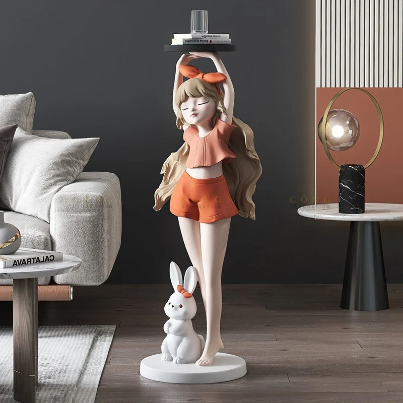 Tượng cô gái thỏ bưng khay decor phòng khách