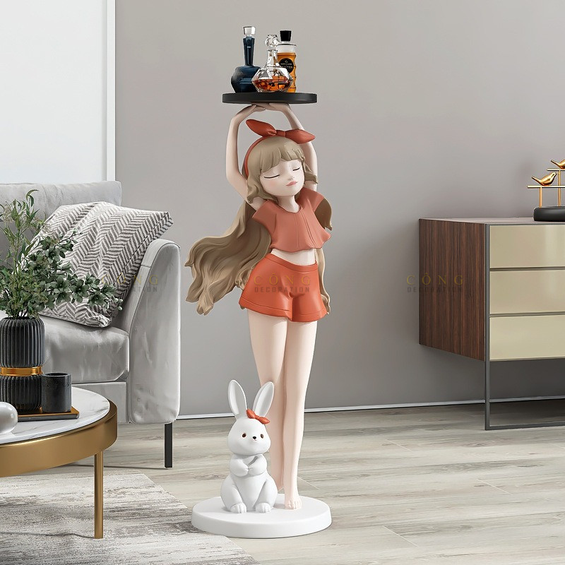 Tượng cô gái thỏ bưng khay decor phòng khách