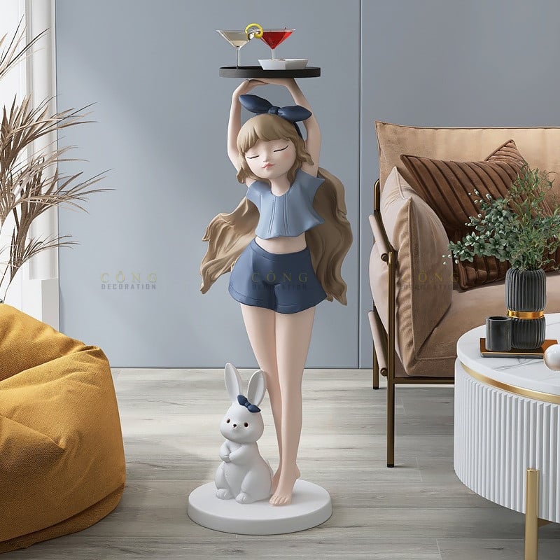 Tượng cô gái thỏ bưng khay decor phòng khách Tượng cô gái thỏ bưng khay decor phòng khách