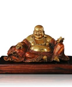 Tượng phật di lặc ngồi cầm hũ tiền để bàn bằng đồng