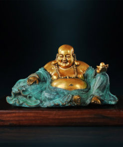 Tượng phật di lặc ngồi cầm hũ tiền để bàn bằng đồng
