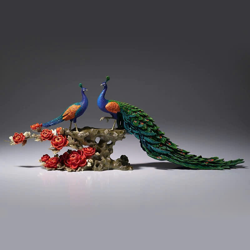 Tượng Đôi Chim Công Đứng Cành Hồng