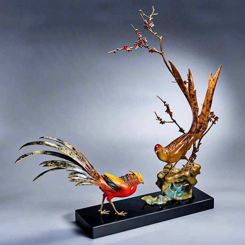 Tượng Chim Trĩ Song Phúc Bên Cành Mai